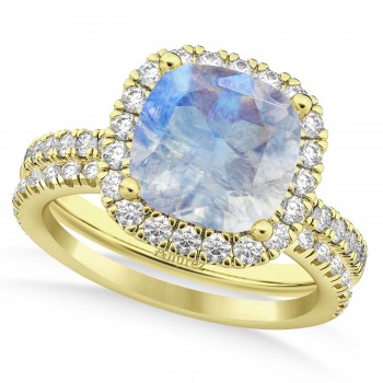 Moonstone & Diamonds Cushion-Cut Halo Bridal Set 14K Yellow Gold (3.38ct)