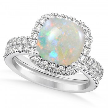 Opal & Diamonds Cushion-Cut Halo Bridal Set 14K White Gold (3.38ct)