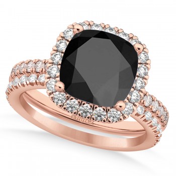 Onyx & Diamonds Cushion-Cut Halo Bridal Set 14K Rose Gold (3.38ct)