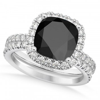 Onyx & Diamonds Cushion-Cut Halo Bridal Set 14K White Gold (3.38ct)