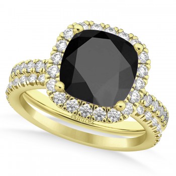 Onyx & Diamonds Cushion-Cut Halo Bridal Set 14K Yellow Gold (3.38ct)