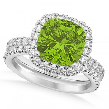 Peridot & Diamonds Cushion-Cut Halo Bridal Set 14K White Gold (3.38ct)