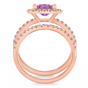 Pink Sapphire & Diamonds Cushion-Cut Halo Bridal Set 14K Rose Gold (3.38ct)