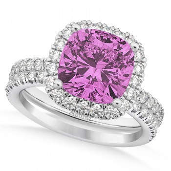 Lab Pink Sapphire & Lab Grown Diamonds Cushion-Cut Halo Bridal Set 14K White Gold (3.38ct)