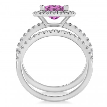 Pink Sapphire & Diamonds Cushion-Cut Halo Bridal Set 14K White Gold (3.38ct)