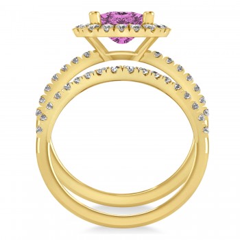 Pink Sapphire & Diamonds Cushion-Cut Halo Bridal Set 14K Yellow Gold (3.38ct)