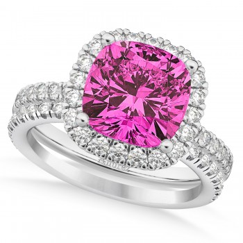 Pink Tourmaline & Diamonds Cushion-Cut Halo Bridal Set 14K White Gold (3.38ct)