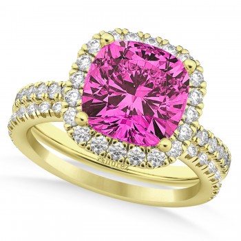 Pink Tourmaline & Diamonds Cushion-Cut Halo Bridal Set 14K Yellow Gold (3.38ct)