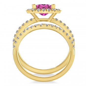 Pink Tourmaline & Diamonds Cushion-Cut Halo Bridal Set 14K Yellow Gold (3.38ct)