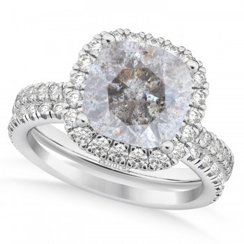 Salt & Pepper & White Diamonds Cushion-Cut Halo Bridal Set 14K White Gold (2.82ct)