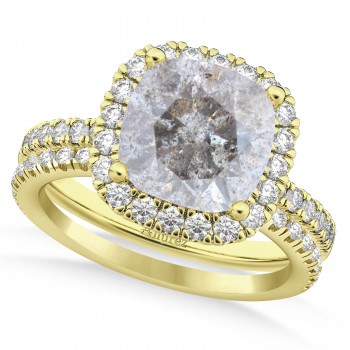 Salt & Pepper & White Diamonds Cushion-Cut Halo Bridal Set 14K Yellow Gold (2.82ct)