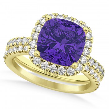 Tanzanite & Diamonds Cushion-Cut Halo Bridal Set 14K Yellow Gold (3.38ct)