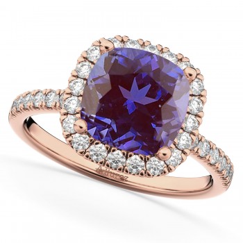 Cushion Cut Halo Lab Alexandrite & Diamond Engagement Ring 14k Rose Gold (3.11ct)