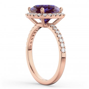 Cushion Cut Halo Lab Alexandrite & Diamond Engagement Ring 14k Rose Gold (3.11ct)