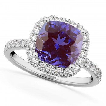 Cushion Cut Halo Lab Alexandrite & Diamond Engagement Ring 14k White Gold (3.11ct)