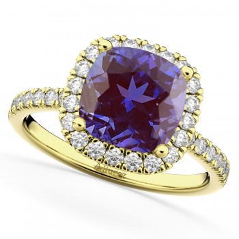 Cushion Cut Halo Lab Alexandrite & Diamond Engagement Ring 14k Yellow Gold (3.11ct)