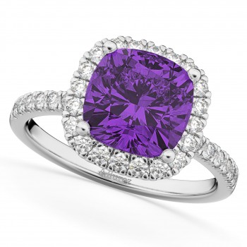 Cushion Cut Halo Amethyst & Diamond Engagement Ring 14k White Gold (3.11ct)