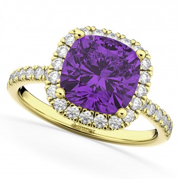 Cushion Cut Halo Amethyst & Diamond Engagement Ring 14k Yellow Gold (3.11ct)