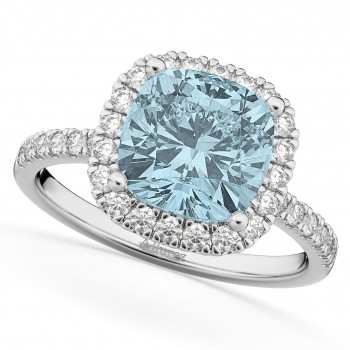 Cushion Cut Halo Aquamarine & Diamond Engagement Ring 14k White Gold (3.11ct)