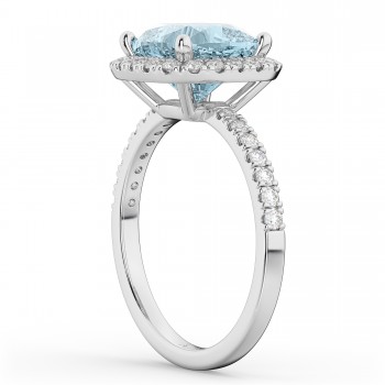 Cushion Cut Halo Aquamarine & Diamond Engagement Ring 14k White Gold (3.11ct)