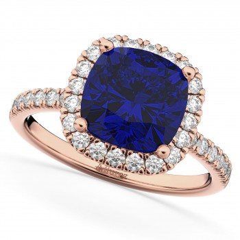 Cushion Cut Halo Blue Sapphire & Diamond Engagement Ring 14k Rose Gold (3.11ct)