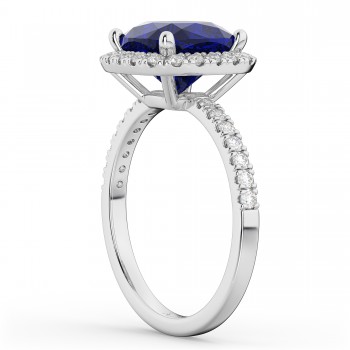 Cushion Cut Halo Lab Blue Sapphire & Lab Diamond Engagement Ring 14k White Gold (3.11ct)