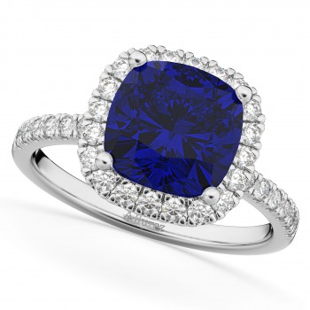 Cushion Cut Halo Blue Sapphire & Diamond Engagement Ring 14k White Gold (3.11ct)