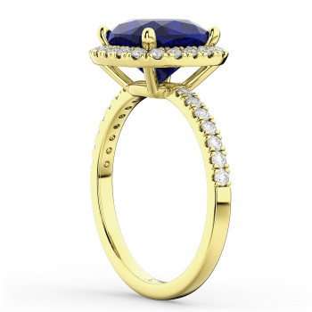 Cushion Cut Halo Lab Blue Sapphire & Lab Diamond Engagement Ring 14k Yellow Gold (3.11ct)