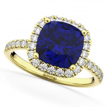 Cushion Cut Halo Blue Sapphire & Diamond Engagement Ring 14k Yellow Gold (3.11ct)