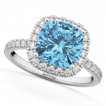 Cushion Cut Halo Blue Topaz & Diamond Engagement Ring 14k White Gold (3.11ct)