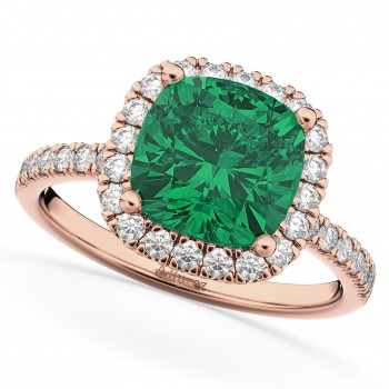 Cushion Cut Halo Lab Emerald & Lab Diamond Engagement Ring 14k Rose Gold (3.11ct)