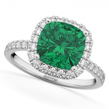 Cushion Cut Halo Emerald & Diamond Engagement Ring 14k White Gold (3.11ct)