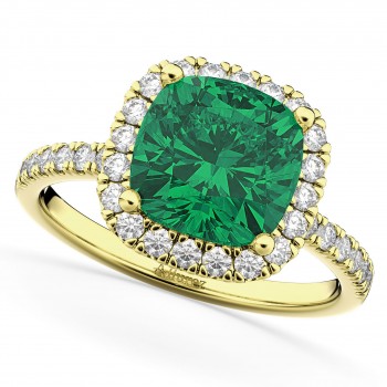 Cushion Cut Halo Lab Emerald & Lab Diamond Engagement Ring 14k Yellow Gold (3.11ct)