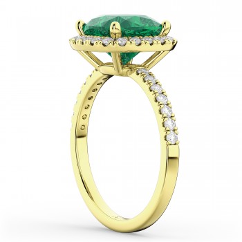 Cushion Cut Halo Lab Emerald & Lab Diamond Engagement Ring 14k Yellow Gold (3.11ct)