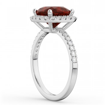 Cushion Cut Halo Garnet & Diamond Engagement Ring 14k White Gold (3.11ct)