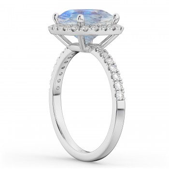 Cushion Cut Halo Moonstone & Diamond Engagement Ring 14k White Gold (3.11ct)