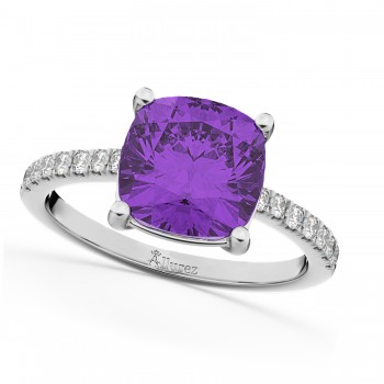 Cushion Cut Amethyst & Diamond Engagement Ring 14k White Gold (2.81ct)