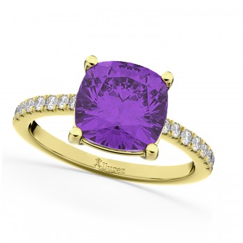 Cushion Cut Amethyst & Diamond Engagement Ring 14k Yellow Gold (2.81ct)