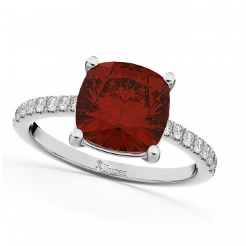 Cushion Cut Garnet & Diamond Engagement Ring 14k White Gold (2.81ct)