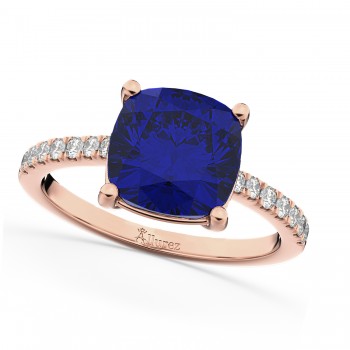 Cushion Cut Lab Blue Sapphire & Diamond Engagement Ring 14k Rose Gold (2.81ct)