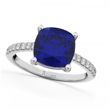 Cushion Cut Lab Blue Sapphire & Diamond Engagement Ring 14k White Gold (2.81ct)