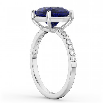 Cushion Cut Lab Blue Sapphire & Diamond Engagement Ring 14k White Gold (2.81ct)