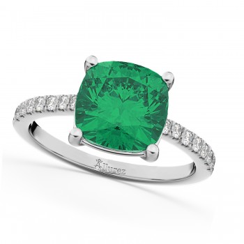 Cushion Cut Lab Emerald & Diamond Engagement Ring 14k White Gold (2.81ct)