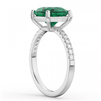 Cushion Cut Lab Emerald & Diamond Engagement Ring 14k White Gold (2.81ct)