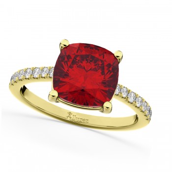 Cushion Cut Lab Ruby & Diamond Engagement Ring 14k Yellow Gold (2.81ct)