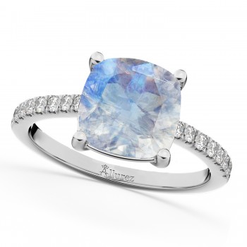 Cushion Cut Moonstone & Diamond Engagement Ring 14k White Gold (2.81ct)