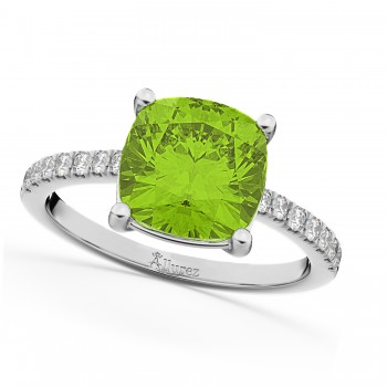 Cushion Cut Peridot & Diamond Engagement Ring 14k White Gold (2.81ct)