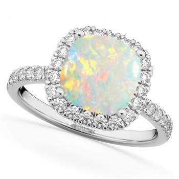 Cushion Cut Halo Opal & Diamond Engagement Ring 14k White Gold (3.11ct)