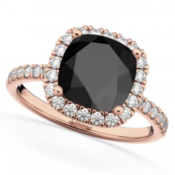 Cushion Cut Halo Black Onyx & Diamond Engagement Ring 14k Rose Gold (3.11ct)