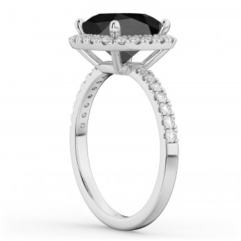 Cushion Cut Halo Black Onyx & Diamond Engagement Ring 14k White Gold (3.11ct)